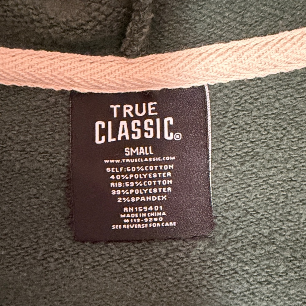True Classic, Forest Green Full-Zip Hoodie with White Drawstrings small - Picture 3 of 6